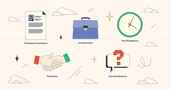 Neubrutalism style collection image depicting interview preparation essentials, resume, briefcase, handshake, clock, and question mark.