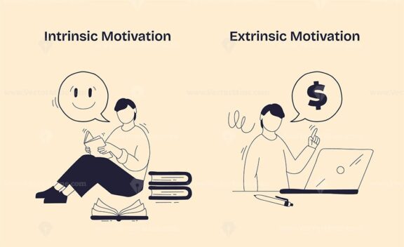 Intrinsic vs Extrinsic Motivation contrasts self-driven joy from learning with reward-driven actions, key objects, book, smiley face, dollar sign. Doodle style diagram