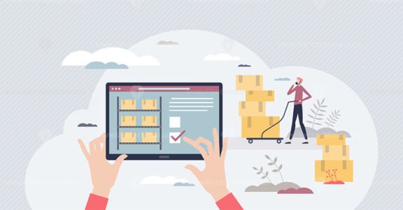 Inventory control and warehouse products remain check tiny person concept