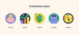 Investment plan icons show savings, growth, and wealth in a bold, colorful style. Neubrutalism style