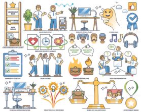 Job satisfaction elements and employee work enjoyment outline collection set