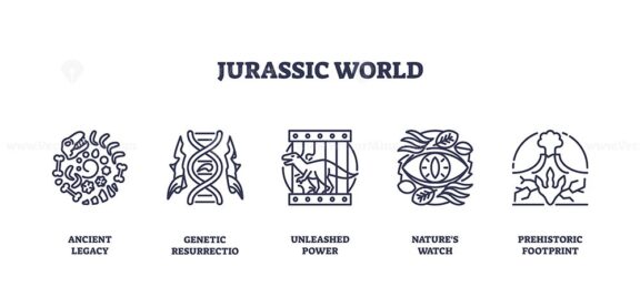 Dinosaurs and DNA strands symbolize evolution and power. Outline icons set