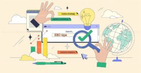 Keyword research and SEO marketing strategy tiny person neubrutalism concept
