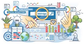 Keyword research for effective online SEO management outline hands concept