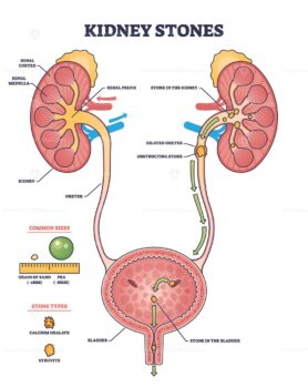 Kidney stones diagram shows kidneys, ureters, and bladder with stone locations and flow path. Outline diagram