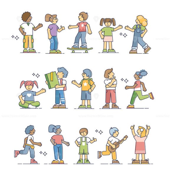 Kids collection set with multiracial children characters outline concept