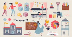 Kindergarten set with child playing and nursery center tiny person collection