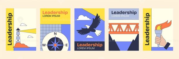 Leadership is symbolized by a lighthouse, compass, and eagle, conveying guidance and vision. Neubrutalism style.