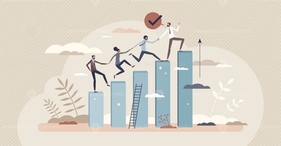 Leadership training and team development with motivation tiny person concept