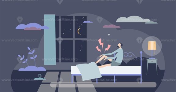 Leg cramps and acute painful leg muscle spasms in night tiny person concept