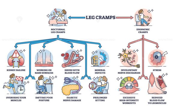 Leg cramps division and medical causes for acute sharp pain outline diagram