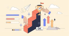 Leveling up for financial success and growth tiny person neubrutalism concept