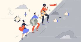 Life ambitions, relationship and work balance retro tiny person concept