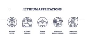 Icons depicting lithium applications in battery power, electric vehicles, mobile devices, renewable energy storage, and aerospace technology, outline icons set.