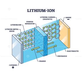 Lithium-ion or Li-ion battery principle for power storage outline diagram