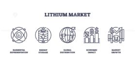 Outline icons set depicting elemental representation, energy storage, and global distribution in the lithium market.