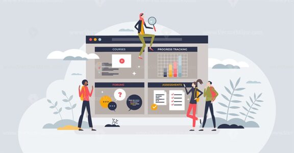 LMS or learning management system for e-learning study tiny person concept