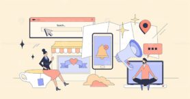 Local digital marketing campaign strategies tiny person neubrutalism concept