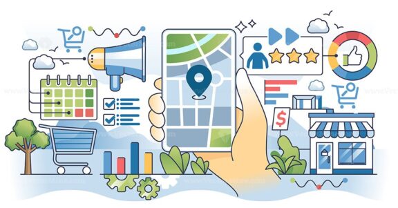 Local digital marketing strategies with store ads outline hands concept