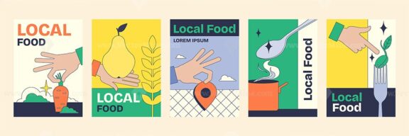 Local food poster with hands, fruit, and utensils, showcasing Neubrutalism style.