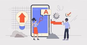 Local SEO and website search engine optimization retro tiny person concept