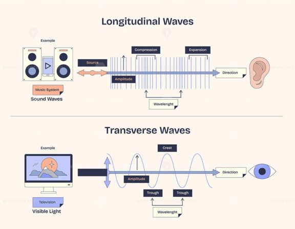 Longitudinal and transverse waves are illustrated with sound and light examples, highlighting compression, expansion, crest, and trough. Diagram