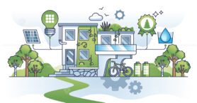 Low energy consumption initiatives to save nature resources outline concept
