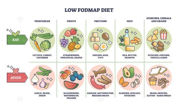 Low FODMAP diet and food with healthy carbohydrates list outline diagram