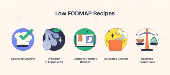 Low FODMAP recipes focus on digestive-friendly meals with icons of scales, a spoon, and a clock. Neubrutalism style