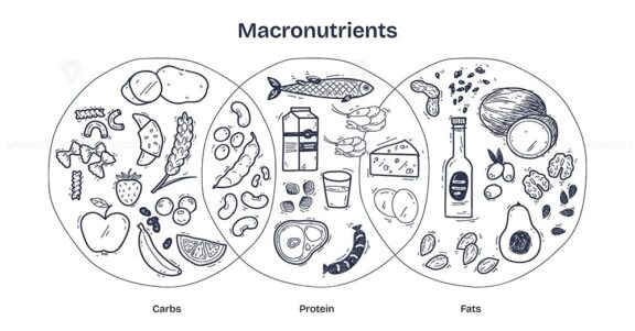 Macronutrients-Doodle-Diagram shows carbs, proteins, and fats with food icons like bread, fish, and avocado. Diagram