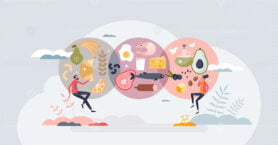 Macronutrients as food carbohydrates, fats and proteins tiny person concept
