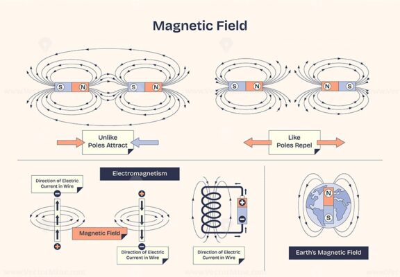 Magnetic field diagram shows interactions with arrows, magnets, and Earth. Neubrutalism style diagram