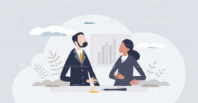 Man and woman partners characters in business environment tiny person concept