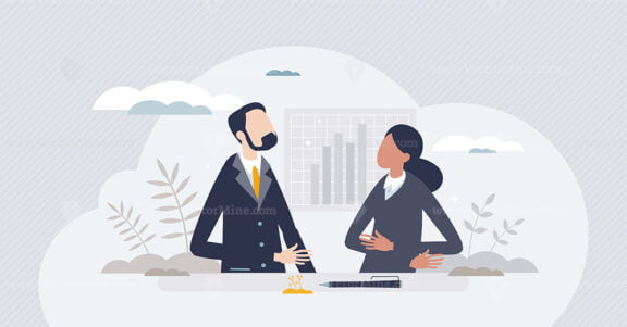 Man and woman partners characters in business environment tiny person concept