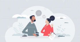 Man and woman characters in casual office environment tiny person concept