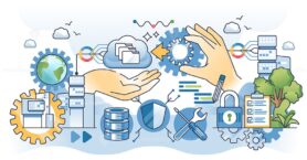 Managed cloud services with upload and storage servers outline hands concept