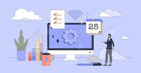Management software for time efficiency tiny person neubrutalism concept