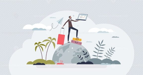 Managing work and travel with business and leisure trip tiny person concept