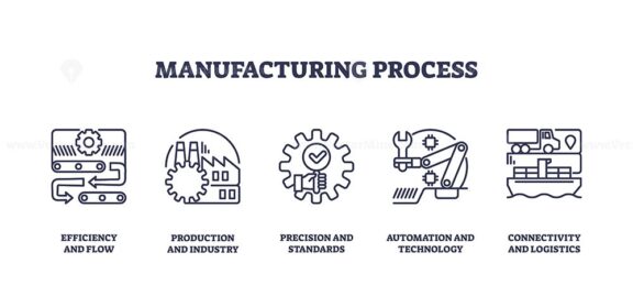 Manufacturing process icons outline key concepts like efficiency, production, precision, automation. Outline icons set.