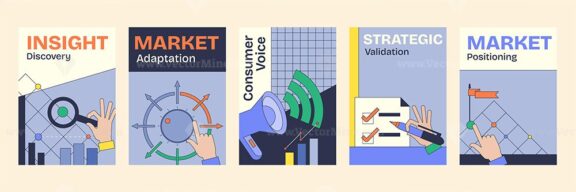 Market research poster with hands, graphs, and megaphone symbolizes strategic insights. Neubrutalism style.