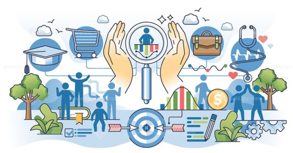 Market segmentation and multiple social groups division outline hands concept