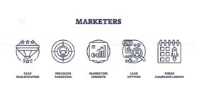 Marketing strategy is visualized with icons for lead qualification, targeting, insights, vetting, and campaign launch. Outline icons set
