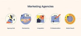 Marketing Agencies icons show agency hub, partnership, integration, professionalism, and global reach. Neubrutalism style