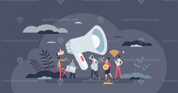 Marketing activity with social media campaign for brand tiny person concept