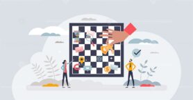 Marketing strategy with smart, effective business moves tiny person concept