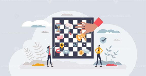 Marketing strategy with smart, effective business moves tiny person concept