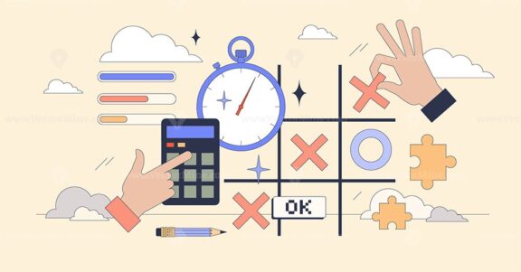 Mathematics games for fun math learning tiny person neubrutalism concept