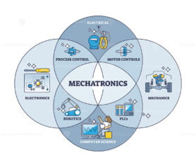 Machatronics engineering as electronics and mechanics mix outline diagram