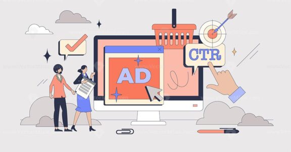Media planning for effective ads strategy tiny person neubrutalism concept