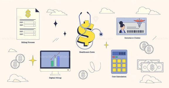Illustration of medical billing elements with stethoscope, dollar sign, and computer in neubrutalism style collection.